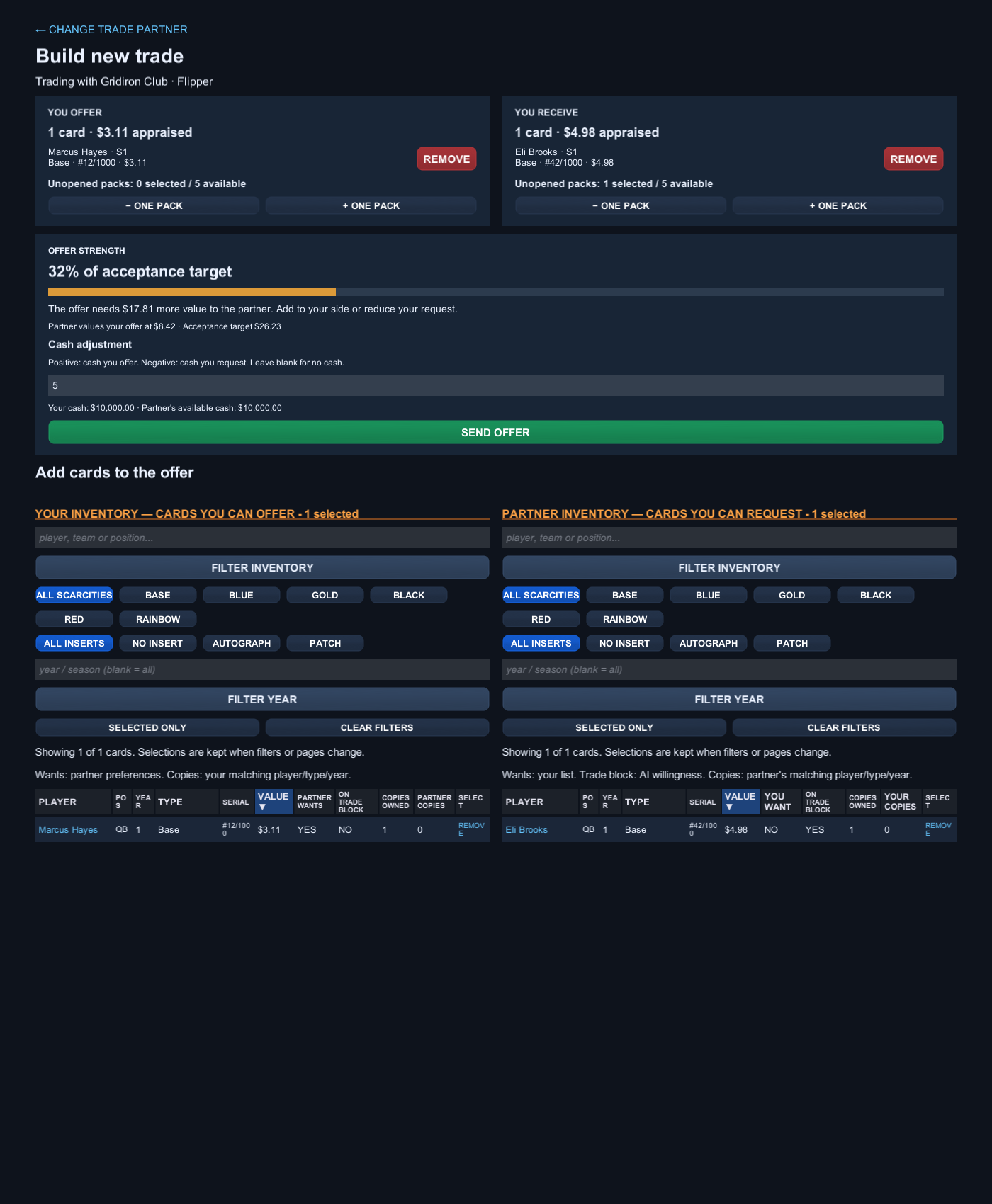 Collector trade builder with offer details and card inventory